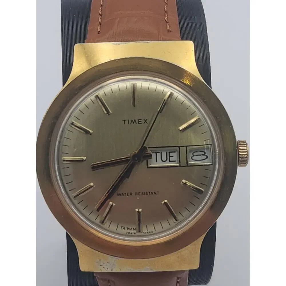 VTG Timex Marlin Watch Men Hand-Wind Mechanical Gold Tone Day Date, New Band
